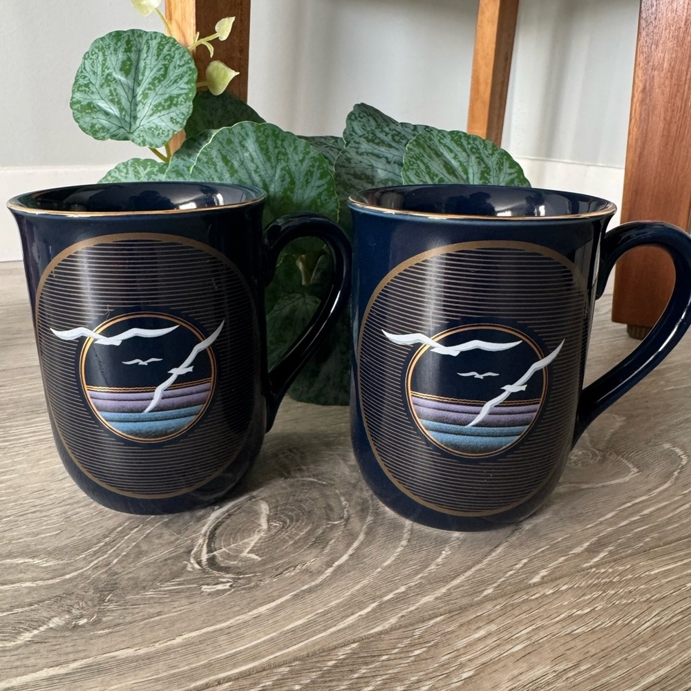 Vintage Otagiri Japan navy colbalt Blue gold Seagull Ocean Ceramic Mugs Set of 2
